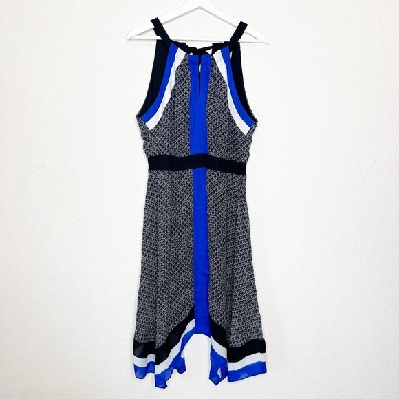 ICE Black Blue and White Elastic Waist Tie Back Handkercheif Hem Dress 12 - Picture 1 of 11